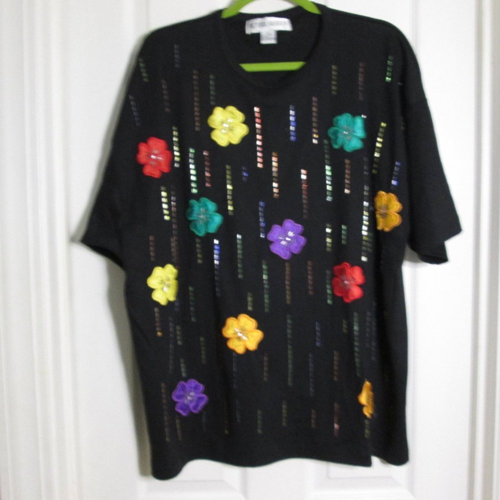 sweater Short Sleeve floral cotton Vtg. Victoria Harbour appliqué/beaded